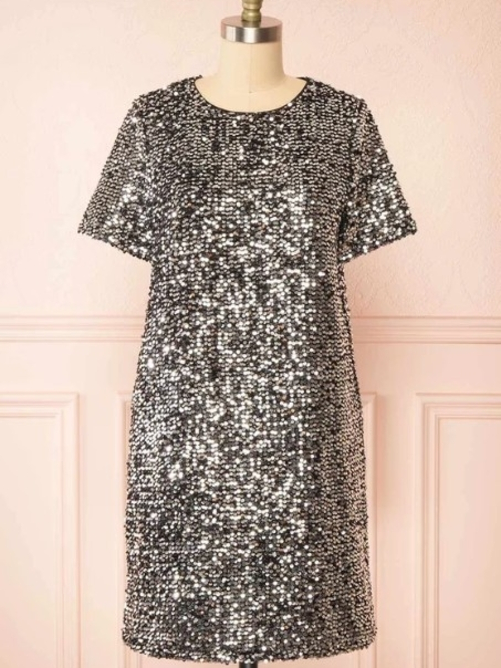 Silver Sequin Short Sleeve Shift Dress